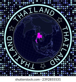 Thailand on globe vector. Futuristic satelite view of the world centered to Thailand. Geographical illustration with shape of country and squares background. Bright neon colors on dark background.