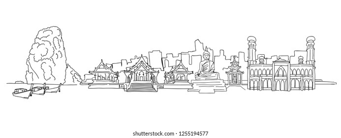 Thailand panorama drawing. Hand-drawn vector illustration. Famous travel destinations series.