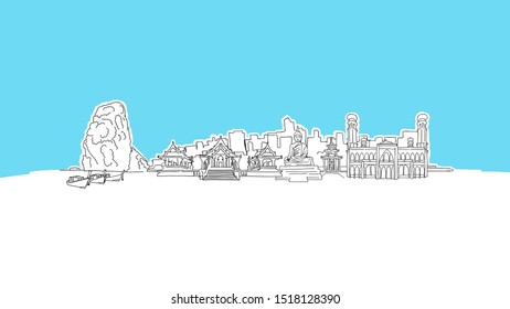 Thailand Panorama Lineart Vector Sketch. and Drawn Illustration on blue background.