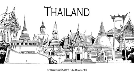 
Thailand Panorama outline. Pen drawn Vector illustration isolated on white background.