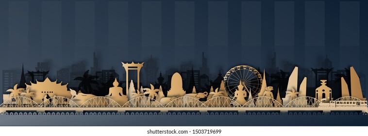Thailand panorama postcard of world famous landmarks in paper cut style vector illustration