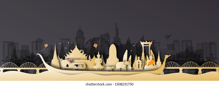 Thailand panorama postcard of world famous landmarks in paper cut style vector illustration