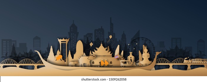 Thailand panorama postcard of world famous landmarks in paper cut style vector illustration