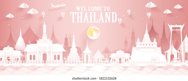 Thailand in Panorama Vector illustration on pink background. Tourism Concept with Historic Architecture and Holy Landmarks.