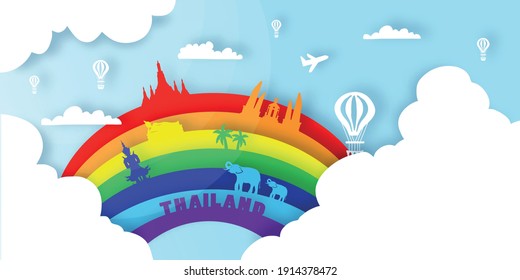 Thailand in paper cut style with rainbow. Landmarks of Thailand Vectors Illustration