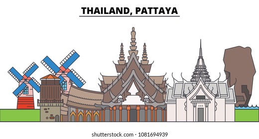 Thailand, Pattaya. City skyline, architecture, buildings, streets, silhouette, landscape, panorama, landmarks. Editable strokes. Flat design line vector illustration concept. Isolated icons