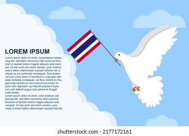 Thailand peace concept with text area, Dove of Peace bird with Thailand flag in its beak, dove flying in the clouds, vector illustration design, Thailand peace day template, freedom idea