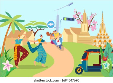 Thailand people traditional dance of thai happy people before caucasian couple on bike, exotic travel entertainment cartoon vector illustration. Thaimen dancers, cactuses, palms and architecture.