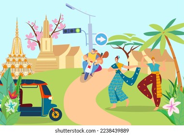 Thailand people traditional dance of thai happy people before caucasian couple on bike, exotic travel entertainment cartoon vector illustration.