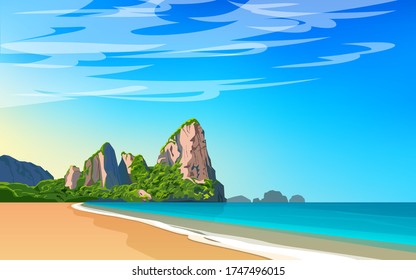 Thailand. Phuket landscape. Mountains, beach and ocean. Vector illustration