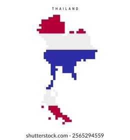 Thailand pixel flag map icon. 8 bit pixel art Thai map covered with flag. Flat vector illustration isolated on white background.