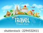 Thailand places architecture tourism festival design on world map, airplane, cloud and sky on blue background, eps 10 vector illustration
