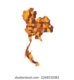 Thailand political map of administrative divisions - provinces. Flat vector map with name labels. Brown - orange color scheme.