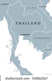 Thailand political map with capital Bangkok and national borders. Kingdom at Indochinese peninsula in Southeast Asia formerly known as Siam. Gray illustration with English labeling over white. Vector.