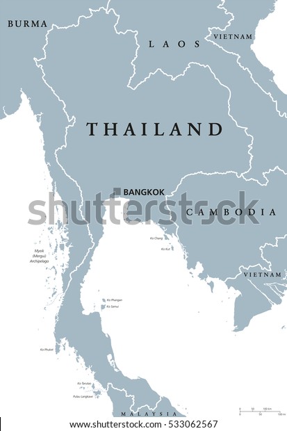 首都バンコクと国境を持つタイの政治地図 東南アジアのインドシナ半島 旧サイアム王国 白い背景に英語のラベルとグレイイラスト ベクター画像 のベクター画像素材 ロイヤリティフリー
