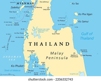 Thailand political map, from Ko Tao and Ko Samui to Phuket and Phi Phi Islands. Travel destinations west and east of Malay Peninsula, off the coast of Thailand, with most important islands and cities.