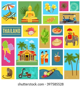 Thailand poster consisting of individual icons with images of main distinguishing features of the country vector illustration