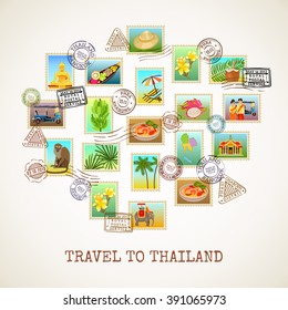 Thailand poster with images of postal stamps with sights flora and fauna of the country vector illustration