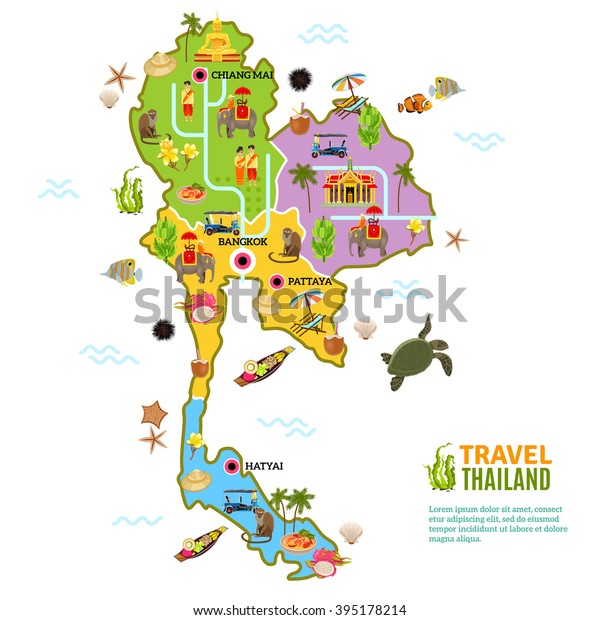Thailand\
poster with map and picture of main attractions and heritage of the\
country on white background vector\
illustration