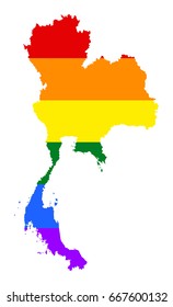 Thailand pride gay vector map with rainbow flag colors. Asian country. 