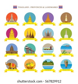 Thailand Provinces Landmarks and Icons, Travel and Tourist Attraction, Flat Design