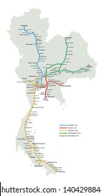 Thailand Railway vector route map in white background