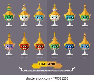 Thailand Ramayana Giant Sculptures in flat style.