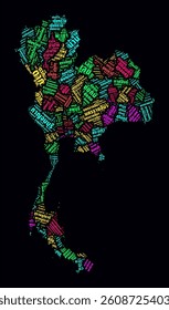 Thailand Regions Word Clouds. Bright neon style design on dark background. Region names of the country in Thai language. Country shape with administrative division. Artistic vector illustration.