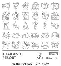 Thailand resort symbols collection or sketches. travel theme icons in thin line style signs for web and app. Vector graphics isolated on white background