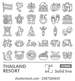 Thailand resort symbols collection or sketches. travel theme icons in line style signs for web and app. Vector graphics isolated on white background