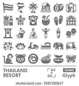 Thailand resort symbols collection or sketches. travel theme icons in glyph style signs for web and app. Vector graphics isolated on white background