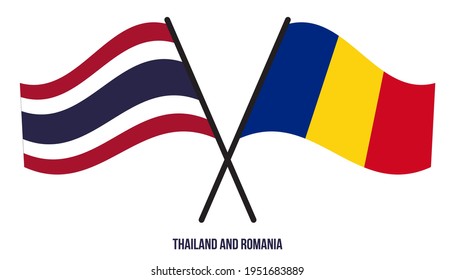 Thailand and Romania Flags Crossed And Waving Flat Style. Official Proportion. Correct Colors.