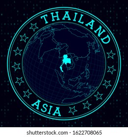 Thailand round sign. Futuristic satelite view of the world centered to Thailand. Country badge with map, round text and binary background. Amazing vector illustration.