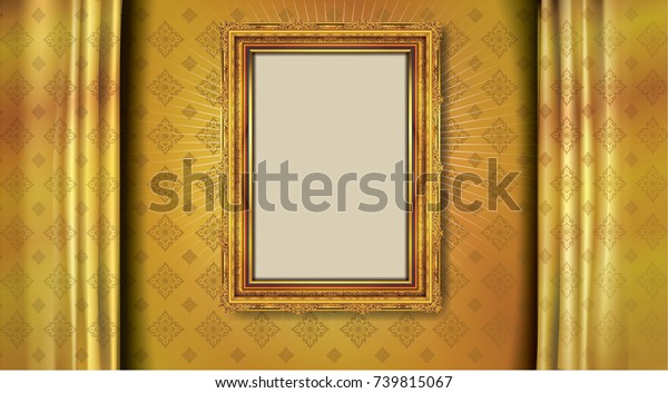 Thailand Royal gold frame on golden curtain\
pattern background, Vintage photo frame on drake background,\
antique, vector design\
pattern
