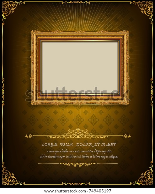 Thailand Royal gold frame on drake pattern\
background, Vintage photo frame on drake background, antique,\
vector design pattern