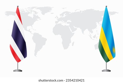 Thailand and Rwanda flags for official meeting against background of world map.