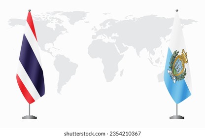 Thailand and San Marino flags for official meeting against background of world map.