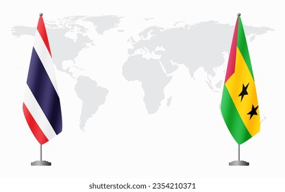 Thailand and Sao Tome and Principe flags for official meeting against background of world map.