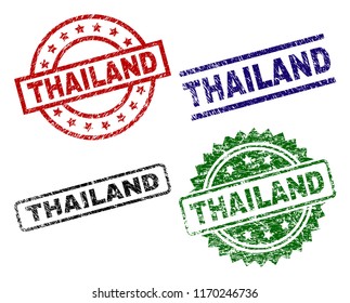 THAILAND seal prints with corroded texture. Black, green,red,blue vector rubber prints of THAILAND title with grunge texture. Rubber seals with circle, rectangle, rosette shapes.