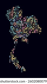Thailand, shape of the country built of colored cells. Digital style map of Thailand on a dark background. Small size square blocks. Plain vector illustration.