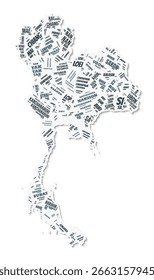 Nube de texto de forma de Tailandia. Country borde con sombra sobre fondo blanco. Tailandia con división de regiones en estilo gaceta vintage. Ilustración vectorial con clase.