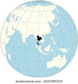 Thailand showcased prominently in the orthographic projection of the world map, has vibrant culture and tropical landscapes in Southeast Asia.