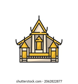 Thailand Heiligtum Haus zu schützen Spirituosen Ort isolierte Farbe Linie Symbol. Vektorasisches Wahrzeichen, Palastbau, thailändische Kulturarchitektur. Spirit House, kleine überdachte Struktur, auf Säulen montiert, dai