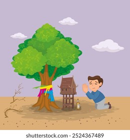 Tailândia santuário homem oração orando por sorte e dinheiro. Plano, Vetor, Ilustração, Desenho Animado, EPS10. 