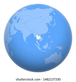 Thailand (Siam) on the globe. Earth centered at the location of the Kingdom of Thailand. Map of Thailand. Includes layer with capital cities.