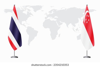 Thailand and Singapore flags for official meeting against background of world map.