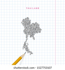 Thailand sketch scribble map drawn on checkered school notebook paper background. Hand drawn vector map of Thailand. Realistic 3D pencil.