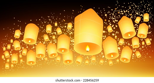 Thailand Sky lanterns festival,Loy Krathong and Yi Peng Festival.Vector illustration