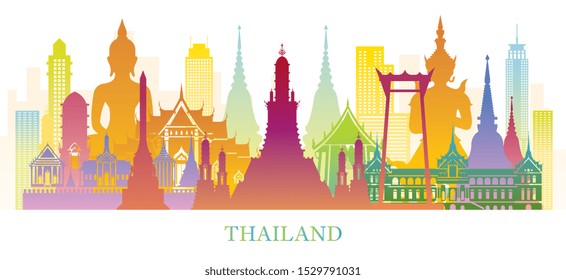 Thailand Skyline-Wahrzeichen - farbiger Hintergrund der Silhouette, berühmter Platz und historische Gebäude, Reise- und Touristenattraktion