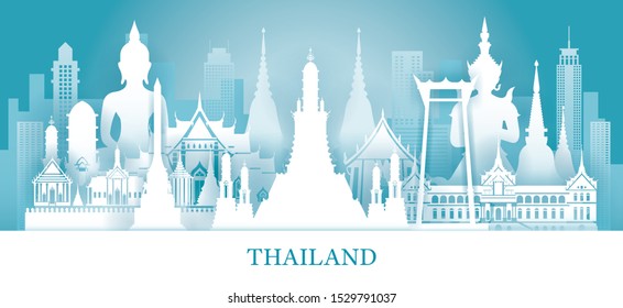 Thailand Skyline Landmarks in Paper Cutting Style, Famous Place and Historical Buildings, Travel and Tourist Attraction
